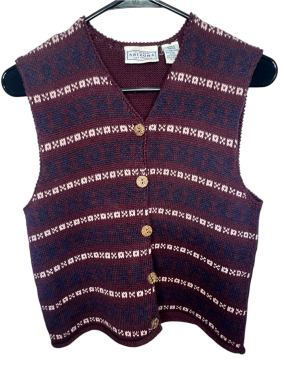 Vintage Arizona Jean Co Burgundy Fair Isle Button Front Knit Sweater Vest